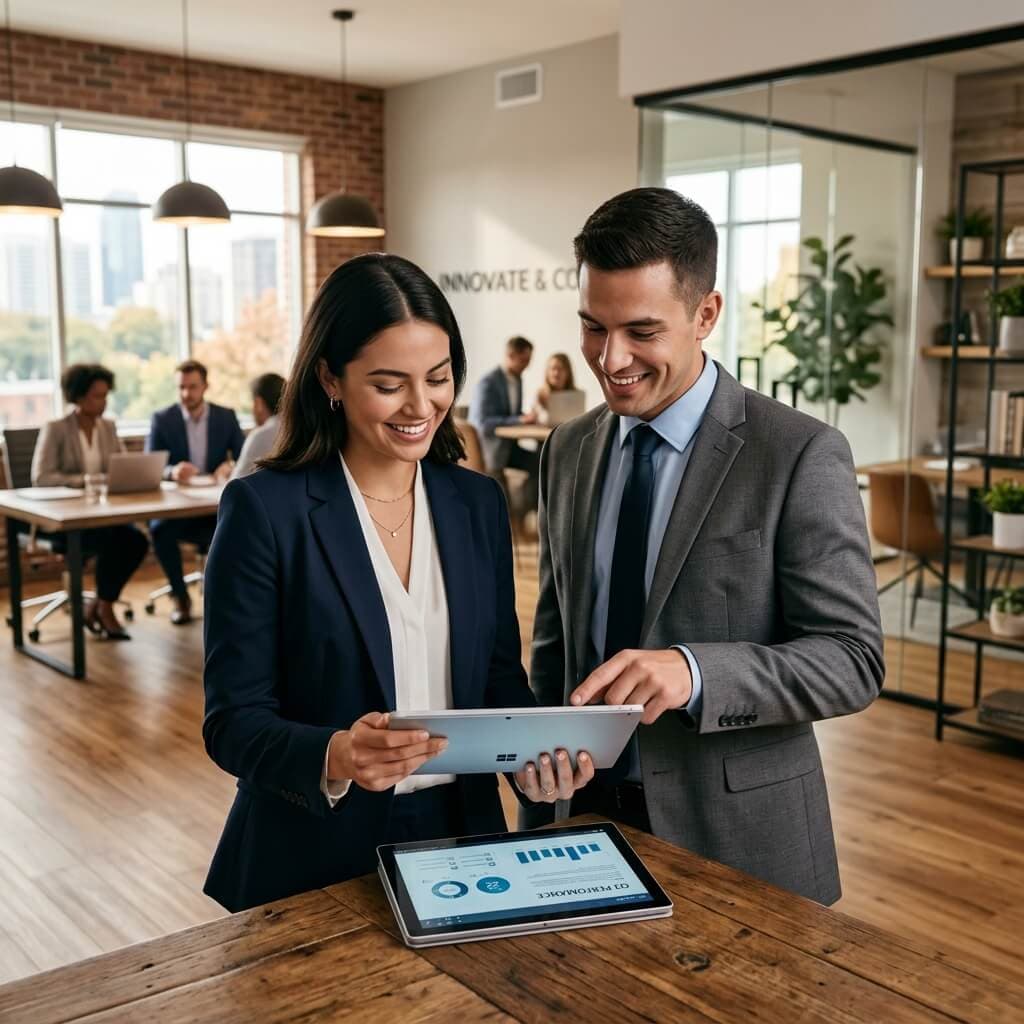 Colleagues collaborating on a digital tablet