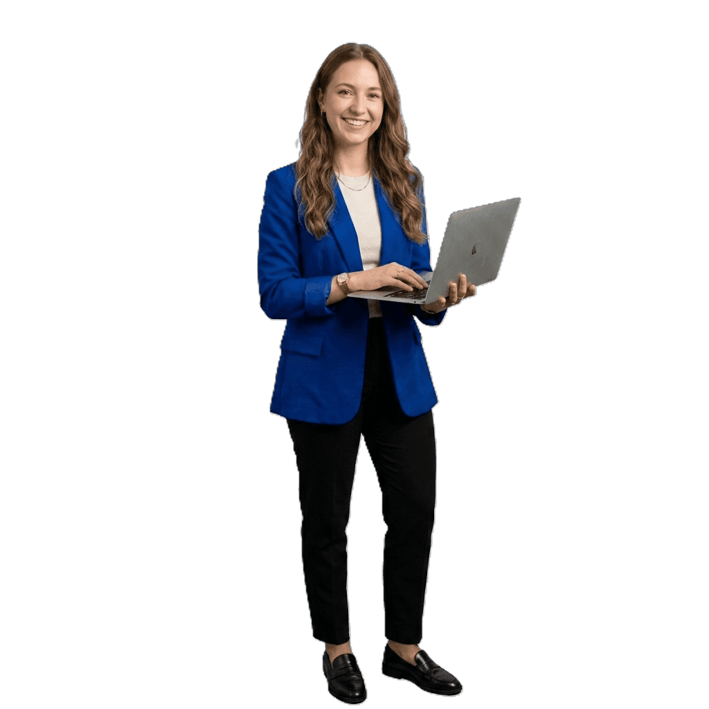 Professional woman using laptop in blue blazer
